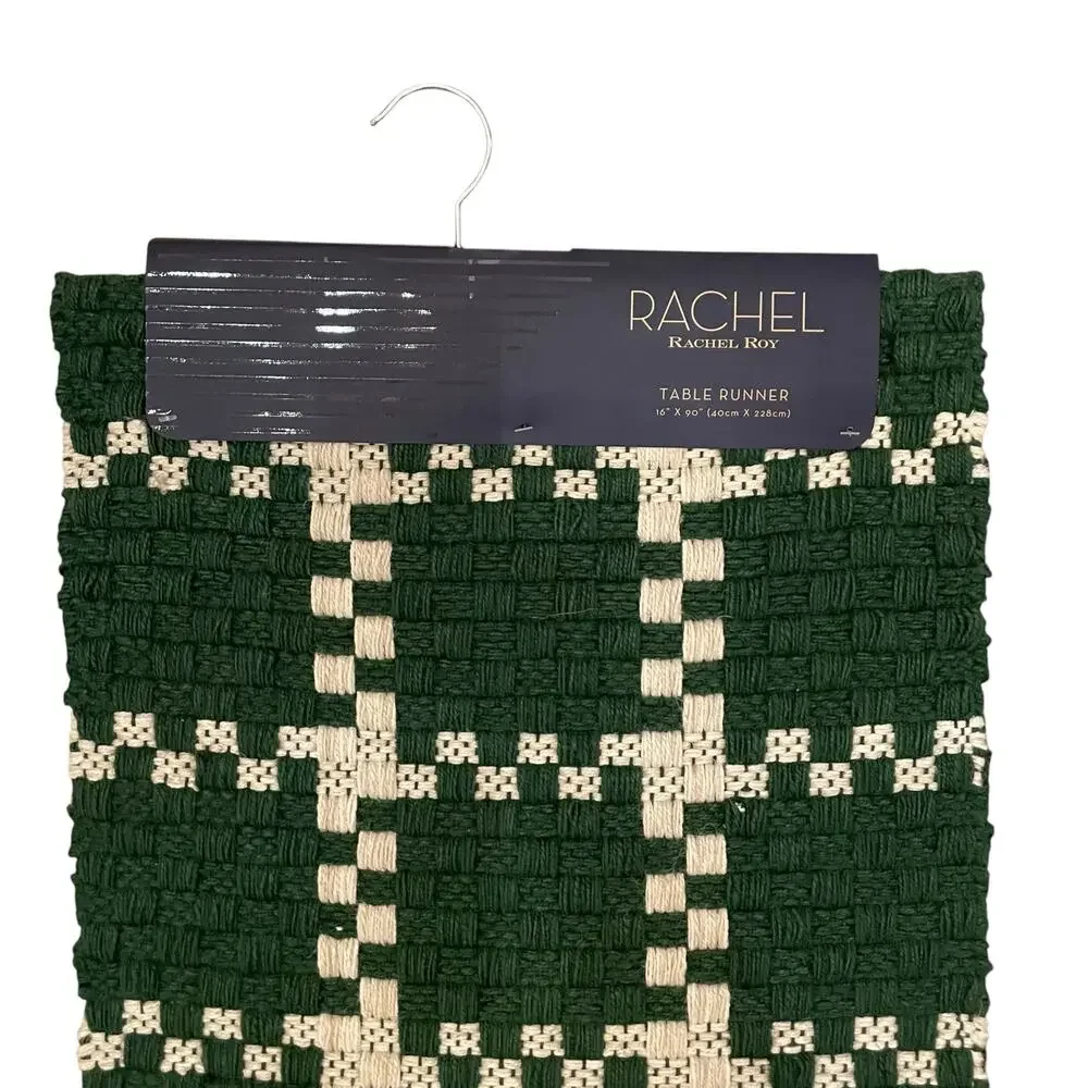Rachel Roy Checkered Jute Table Runner 16x90 Christmas Holiday Green Cream New